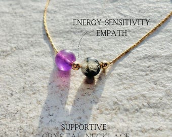 Amethyst & Tourmalated Quartz Necklace: Handmade Crystal Energy Protection