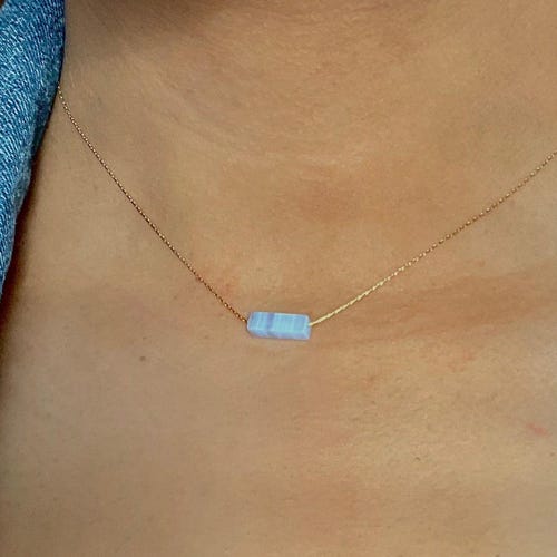 Genuine Thin Blue Lace Agate Necklace Handmade Jewelry Real White Blue Gemstone Pendant Unique Jewelry, Dainty Necklaces Open Throat Chakra