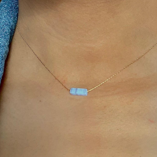 Genuine Thin Blue Lace Agate Necklace Handmade Jewelry Real White Blue Gemstone Pendant Unique Jewelry, Dainty Necklaces Open Throat Chakra