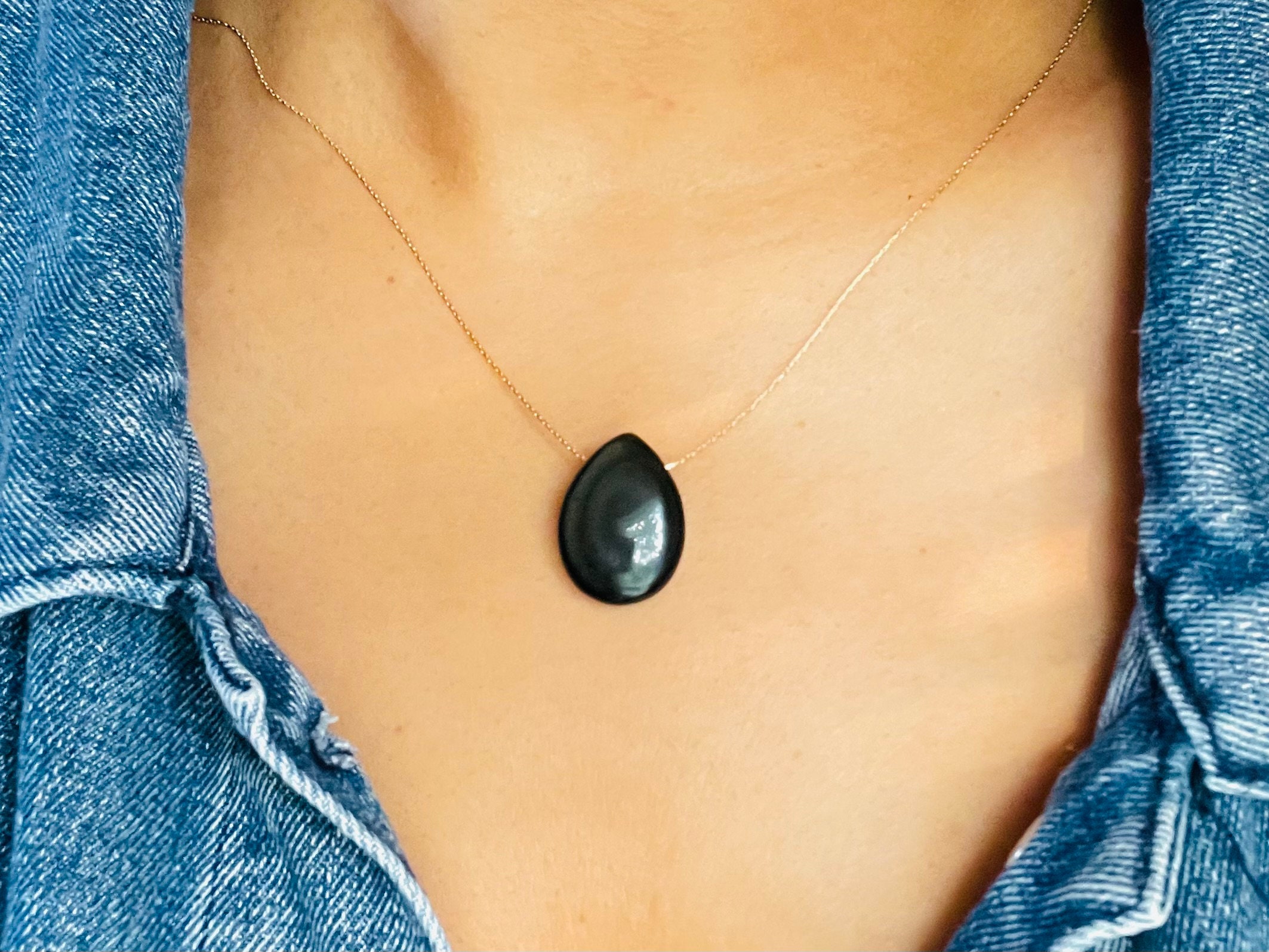 Rainbow Eye Obsidian Bead Pendant Necklace Set - Natural Stone Jewelry For Women & Men (18mm + 20mm)