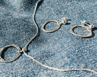 Hammered Sterling Silver Necklace and Earrings Set: Open Circle Jewelry