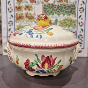 Può includere: Una zuppiera in ceramica bianca con coperchio. La zuppiera e il coperchio sono decorati con un motivo floreale in tonalità di rosso, blu, giallo e verde. Il coperchio ha un pomo a forma di fiore.