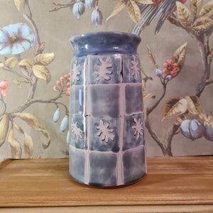 Original vase signed in glazed terracotta blue violet pink patterns