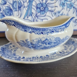 Antique sauceboat on frame VILLEROY ET BOCH Saar model Burgenland blue