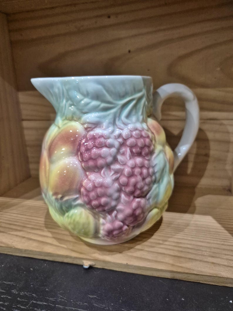 Vintage Raspberry Ceramic Pitcher Antique Majolica Pitcher With Fruit Decoration, SALINS, Made in France ...