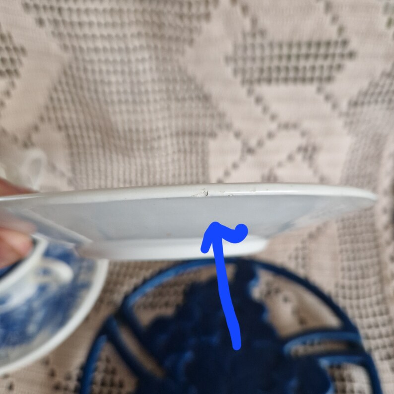 K&ouml;nnte beinhalten: Ein wei&szlig;er Keramikteller mit blau-wei&szlig;em Blumenmuster. Der Teller hat einen kleinen Absplitterung am Rand.