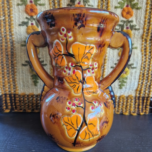 Vase amphore POET LAVAL vintage feuilles orange