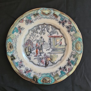 Antique BOCH FRERES Canton model plate with blue, green or red border &#39;the wise man under the veranda&#39;