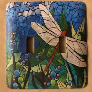 Dragonfly Stained Glass Double Metal Switch Plate 5&quot;x4.5&quot;