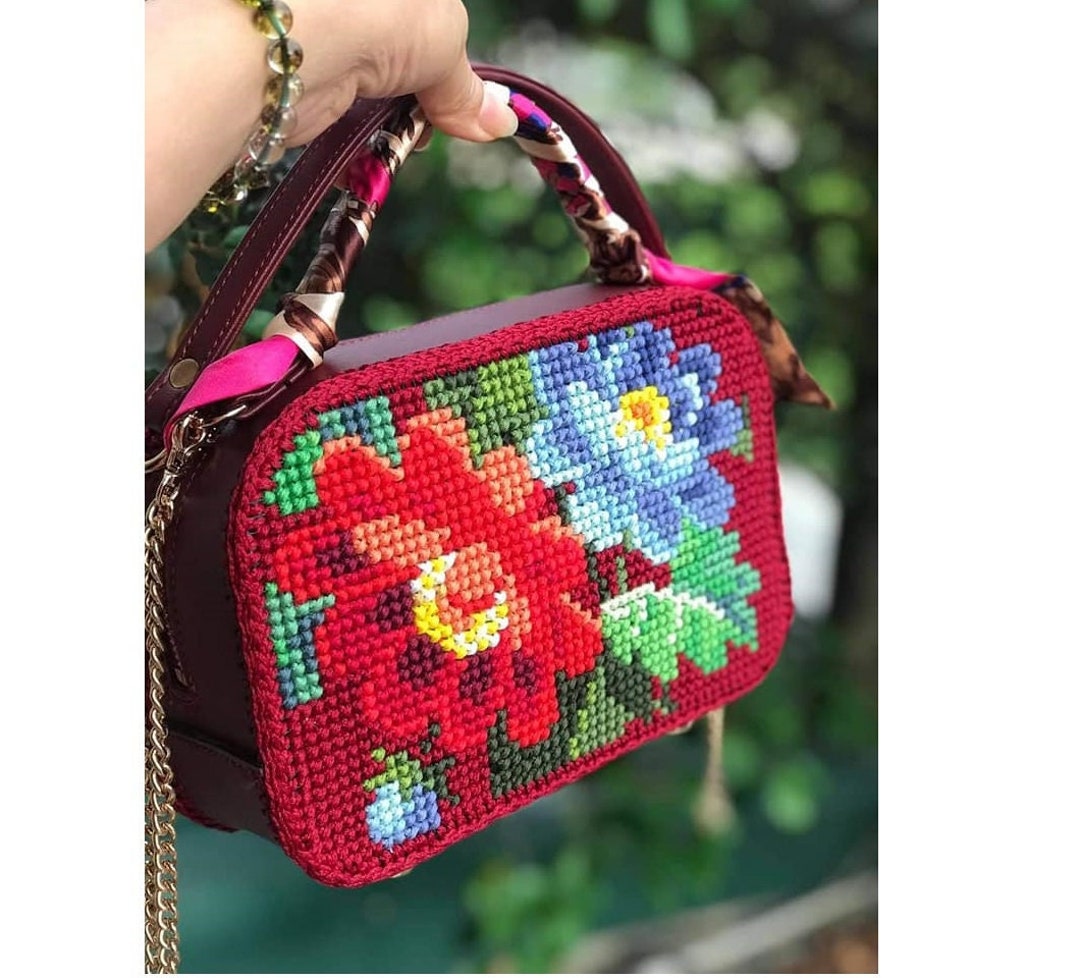 Trendy bag, Flower crochet bag with leather side,  Floral bag,  halloween gift