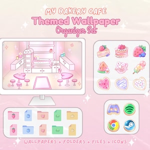 Puede incluir: Un conjunto de organizador digital con temática de cafetería de repostería. El conjunto incluye carpetas, archivos e iconos rosas, azules y verdes. El fondo presenta una cafetería de repostería de dibujos animados con decoración rosa y blanca.