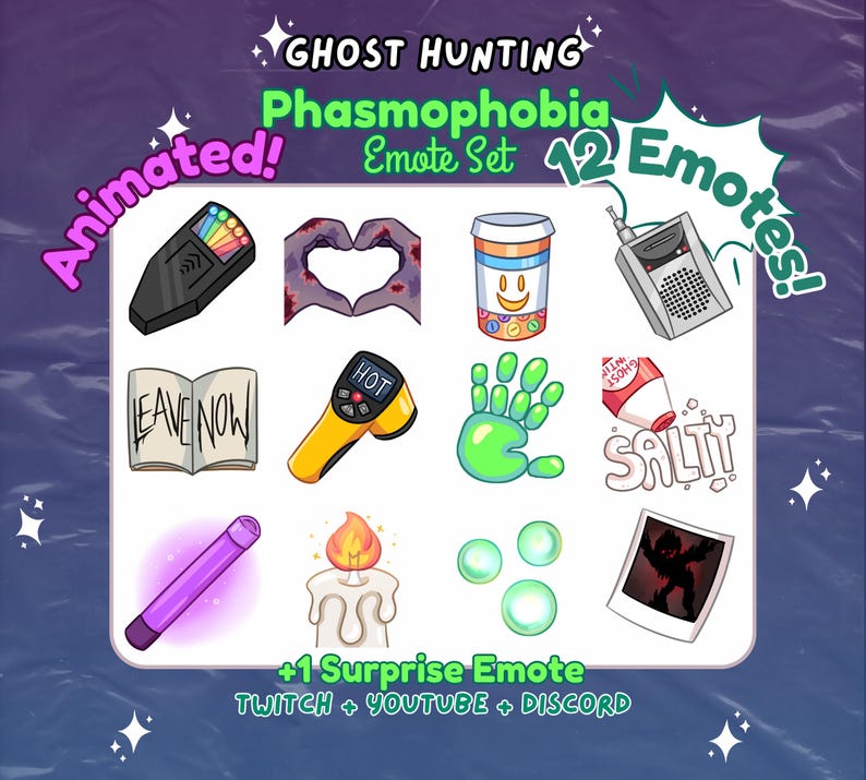 Puede incluir: Un conjunto de 12 emoticonos animados de Twitch que representan varios objetos del juego Phasmophobia. Los emoticonos son coloridos e incluyen un term&oacute;metro de caza de fantasmas, un libro que dice "Leave Now", un salero, una vela y una mano fantasma.