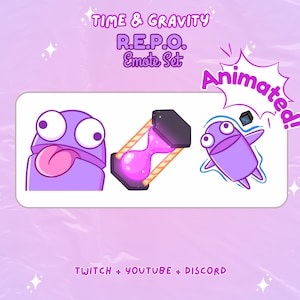 Pode incluir: Emotes animados do Twitch que apresentam um personagem roxo com uma língua grande, um relógio de areia com areia rosa e um personagem roxo com uma expressão de surpresa. O texto "TIME & GRAVITY R.E.P.O. Emote Set Animated!" é visível na imagem.