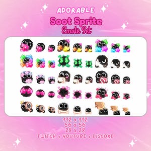 May include: A set of 28 animated emotes featuring a cute black soot sprite character in various poses and expressions. The emotes are designed for use on Twitch, YouTube, and Discord. The emotes are available in three sizes: 112 x 112 pixels, 56 x 56 pixels, and 28 x 28 pixels.