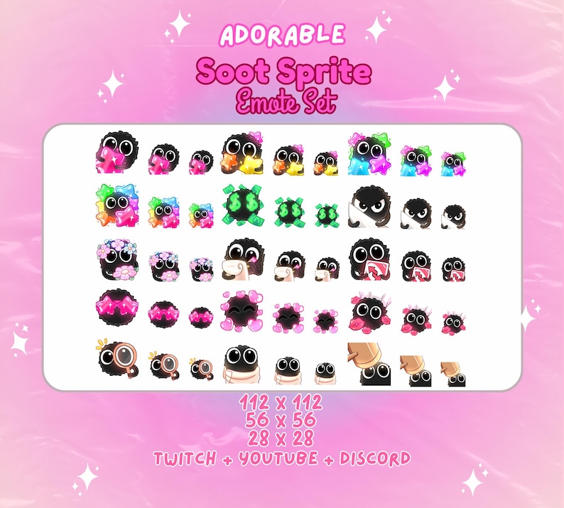 May include: A set of 28 animated emotes featuring a cute black soot sprite character in various poses and expressions. The emotes are designed for use on Twitch, YouTube, and Discord. The emotes are available in three sizes: 112 x 112 pixels, 56 x 56 pixels, and 28 x 28 pixels.