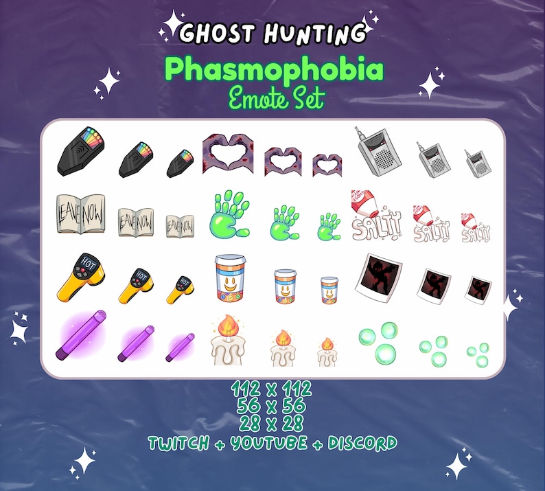 Puede incluir: Un conjunto de 28 emotes de Twitch para el popular juego de terror Phasmophobia. Los emotes presentan varios objetos y s&iacute;mbolos del juego, incluyendo un term&oacute;metro, una vela, un libro, una huella de mano y un fantasma.