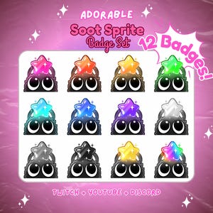 Puede incluir: Un conjunto de 12 insignias de dibujos animados adorables que representan una criatura negra con ojos grandes y una estrella en la cabeza. Las estrellas son de diferentes colores, incluyendo rosa, azul, verde, amarillo y morado. Las insignias están etiquetadas como "Soot Sprite Badge Set 12 Badges!" y "TWITCH + YOUTUBE + DISCORD".