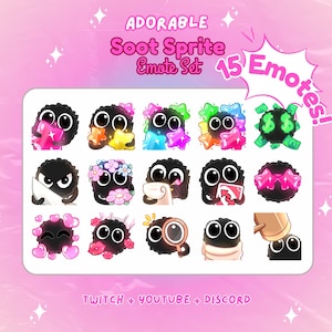 May include: A set of 15 digital emotes featuring a cute black and white character called "Soot Sprite". The emotes depict the character in various poses and expressions, including holding a heart, a star, a cup of coffee, and a playing card. The emotes are designed for use on Twitch, YouTube, and Discord.