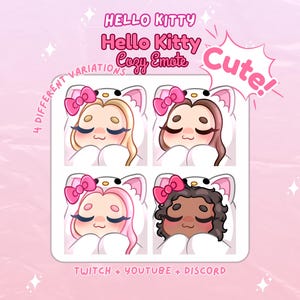 May include: Four variations of a Hello Kitty-themed emote featuring a character with different hair colors and styles, all wearing a white Hello Kitty-style hooded onesie with pink bows. The text "Hello Kitty Cozy Emote" and "Cute!" are also included in the image.