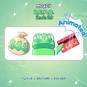 Op de afbeelding: Geanimeerde emoji-set voor Twitch, YouTube en Discord. De set bevat een groen personage met dollartekens als ogen, een geldzak en een creditcard met de tekst "R.E.P.O."
