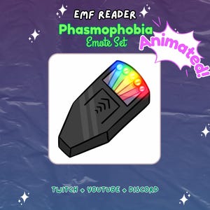 Könnte beinhalten: Animiertes Phasmophobia-Emote-Set für Twitch, YouTube und Discord. Das Emote zeigt einen schwarzen EMF-Leser mit einem Regenbogen aus Lichtern.