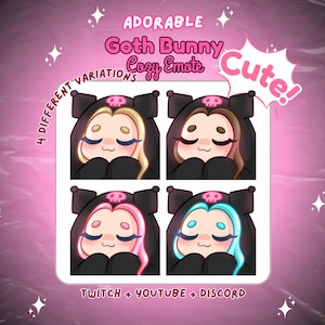 May include: Four variations of a goth bunny emoji with different hair colors: blonde, brown, pink, and blue. The bunny is wearing a black hooded sweater with a skull on the hood. The text "Adorable Goth Bunny Cozy Emote" and "Cute!" are on the image. The text "4 Different Variations" is on the left side of the image. The text "Twitch + Youtube + Discord" is at the bottom of the image.