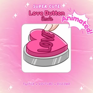 Może przedstawiać: Animowany przycisk w kształcie serca z napisem "love". Przycisk jest różowy i ma srebrną podstawę. Tekst "Super Cute Love Button Emote Animated!" znajduje się nad przyciskiem. Tekst "Twitch + Youtube + Discord" znajduje się pod przyciskiem.