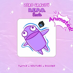 Könnte beinhalten: Animierter Twitch-Emote namens "R.E.P.O." mit einem lilafarbenen Wesen mit großen Augen, das in der Schwerelosigkeit schwebt. Der Emote ist mit "Zero Gravity" und "Animiert!" beschriftet.