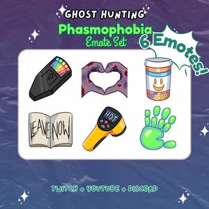 May include: A set of six Phasmophobia-themed emotes. The emotes include a ghost hunting device, a heart made of bloody hands, a pill bottle with a smiley face, an open book with "LEAVE NOW", a yellow temperature gun, and a green handprint.