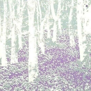 May include: A purple and grey print of a forest scene with trees and foliage. The print is signed "Ellen S" and dated "April 2014".