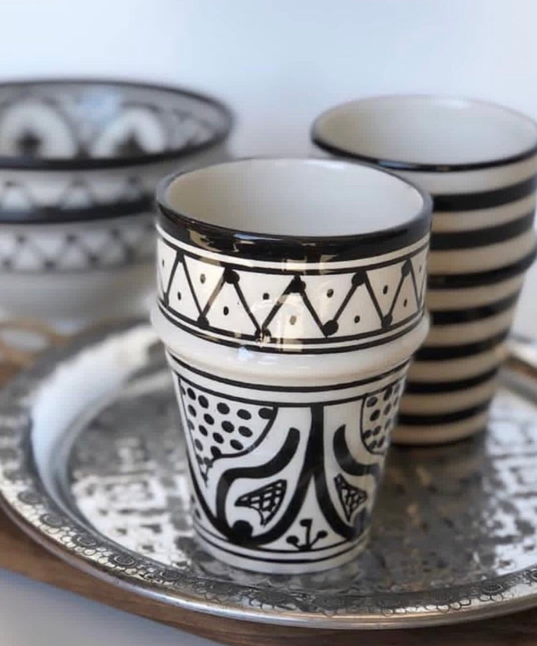 La Maison Unique Lot De 2 Tasses à Café En Céramique Marocaine Avec Soucoupes - Style Ethnique Bleu Clair - Cadeau Original