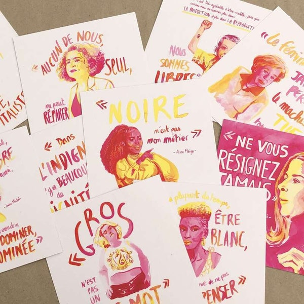 Cartes postales carrées féministes et citations luttes anti sexiste, anti raciste, anti capitaliste, anti grossophobie etc