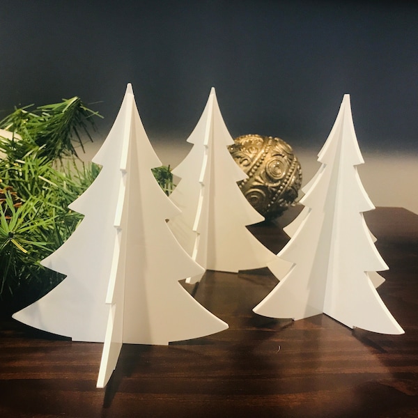 White Acrylic 3D Winter Christmas Trees for Tabletop or Mantel