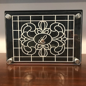 Monogrammed Victorian Window Rectangle Pattern Engraved on Acrylic Mantel Display Personalized Home Decor