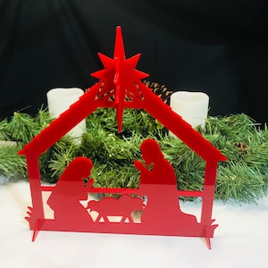 Red Acrylic Nativity Scene with 3D Star Table Decoration 11 inch