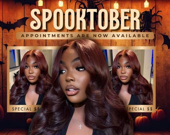 October Hair Special Flyer, Spooky Season Bookings Available Flyer, Spooktober Hair Salon Price List Wig Install Sale Canva Template