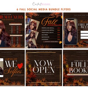May include: Six fall-themed social media bundle flyers. The flyers feature images of a woman with long, wavy auburn hair. Text includes "Premium Luxury Hair Extensions", "Fall Booking Now Open", "Client Cam We Selfies", and "Now Open Accepting New Appointments".
