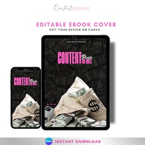 May include: Editable ebook cover template featuring a pink and black design with the text "CONTENT" and "Pussy The Bills" on a black background with a pile of money and a white money bag with a dollar sign on it.