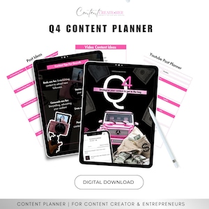May include: Digital content planner with the text "Q4 CONTENT PLANNER" in black. The image includes a tablet, phone, and planner pages with pink accents. The tablet displays a pink car and money bags. The text "DIGITAL DOWNLOAD" is also visible.