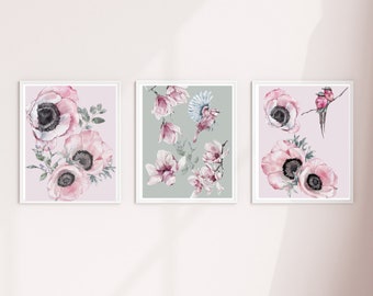 Floral Nursery Wall Art, Set of 3 Printable, Floral Nursery Decor, Water-colour floral nursery Prints, baby girl nursery wall art, digital