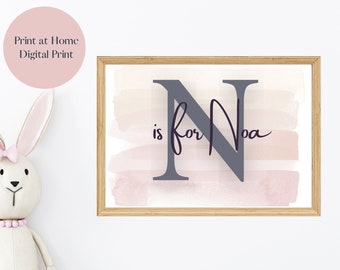 Personalized Initial Printable Wall Art, Pink and Grey Initial Print, Initial Nursery Printable Wall Art, Personalized Name Nursery Decor