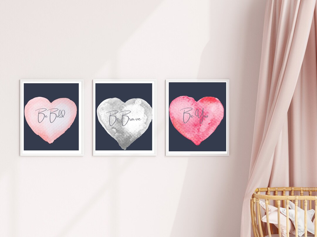 Hearts Nursery Wall Art, Grey and Pink Nursery Decor, Set of 3 Prints