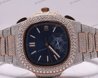 Half Iced Out Customize Moissanite Diamond Luxury Men's Watch Handmade Fine Jewelry, Moissanite Diamond Watch