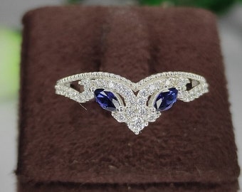 Art Deco saffier & diamant halve eeuwigheid vrouwen trouwring 14k massief goud stapelen band geboortesteen trouwring kerstcadeau