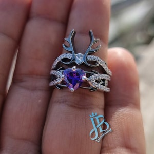 Beautiful Deer Antler Ring Set Engagement Ring Set 1.45 CT Heart Shape Amethyst & CZ Ring Set For Women Bridal Sets New Ring image 8