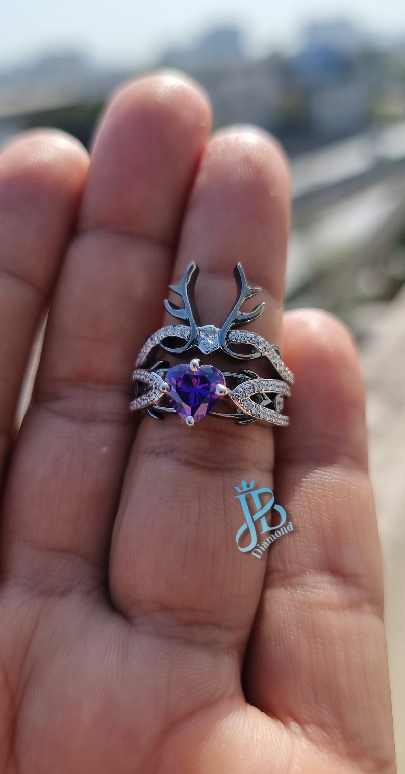 Beautiful Deer Antler Ring Set Engagement Ring Set 1.45 CT Heart Shape Amethyst & CZ Ring Set For Women Bridal Sets New Ring image 8