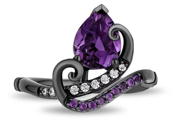 Ursula Amethyst and Diamond Tentacles Ring in Black Rhodium Sterling Silver Gorgeous Engagement Ring Unique Elegance Ring