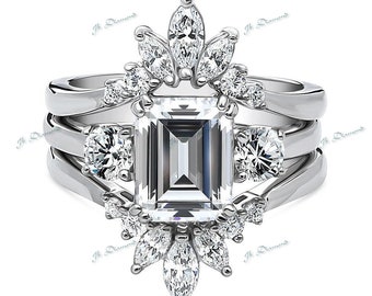 Gorgeous White Emerald Cut Moissanite Diamond Hand Made Engagement Trio Ring Set| Ring Set| Leaf Engagement Ring| Gift Ring Set