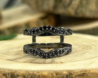 Black Diamond Stunning Wrap Ring Guard Enhancer Solid Gold Wedding & Engagement Ring Enhance, Anniversary Gift For Her