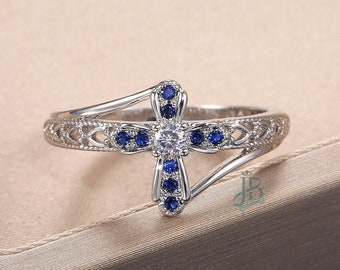 Round Cut White & Blue Diamond Cross Engagement Ring| Handmade Jewelry| Propose Ring| Anniversary Gift| Cross Ring| Religious Ring